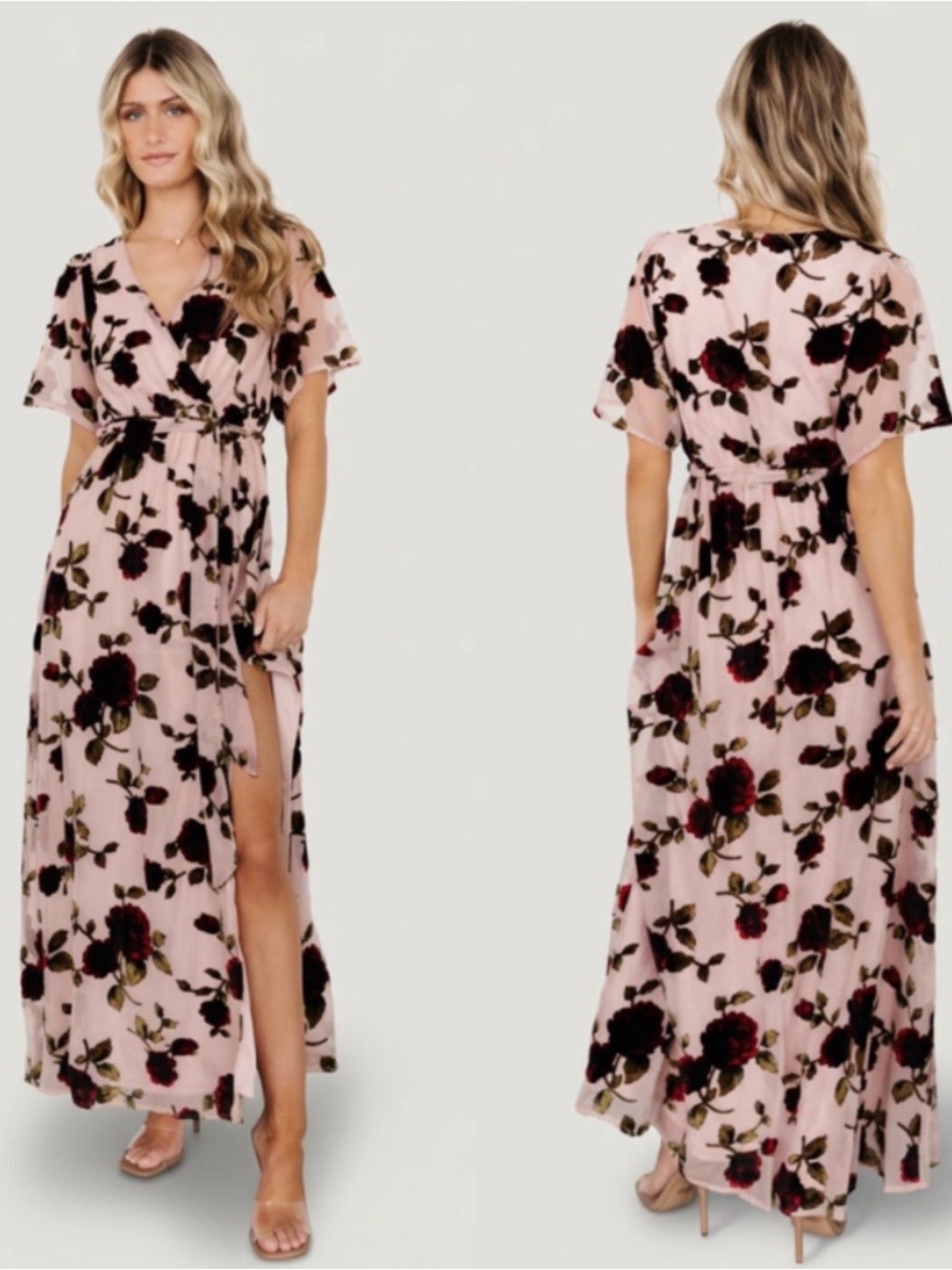 Baltic Born Parisian Velvet Blush Pink Floral Wrap Maxi Dress with Wine Blooms
